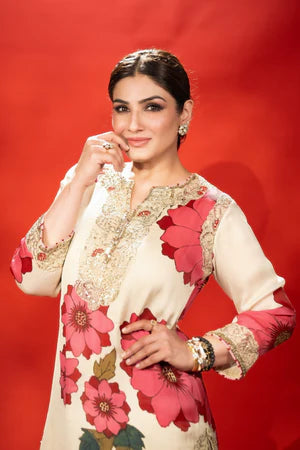 Raveena Tandon in Ivory Floral Kalamkari Petal Skirt Set – Rivaaz by Sakshi
