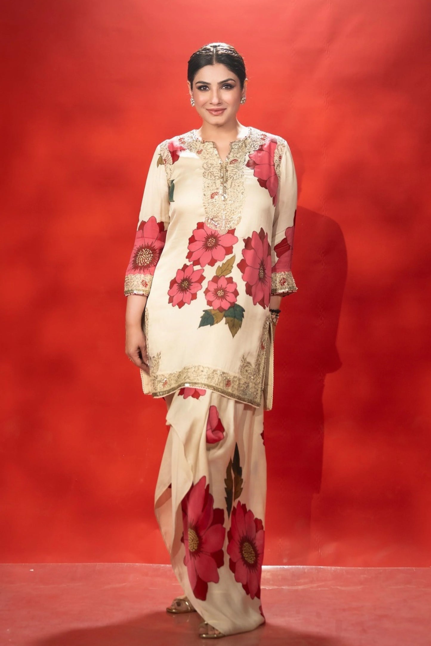 Raveena Tandon in Ivory Floral Kalamkari Petal Skirt Set – Rivaaz by Sakshi