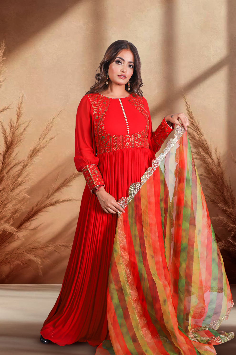 Vibrant Red-Orange Floor-Length Embroidered Anarkali Suit with Multi-Color Dupatta