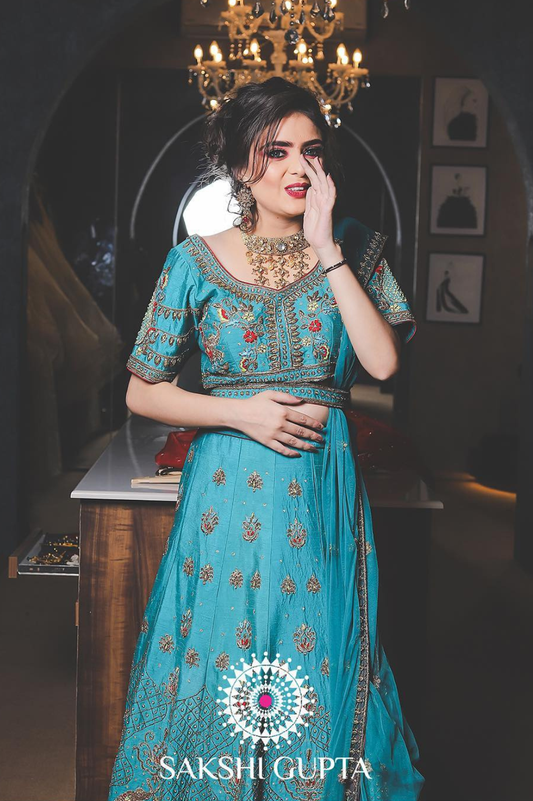 Teal Blue Embroidered Silk Lehenga Set – Sakshi Gupta