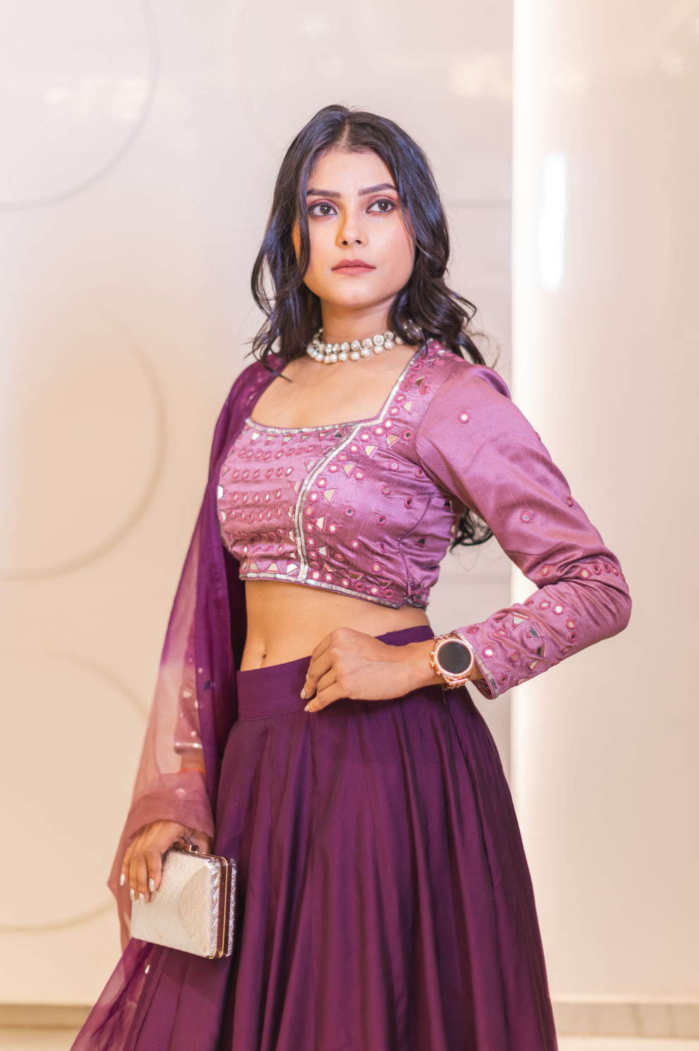 Elegant Purple Embellished Satin Lehenga Set for Women