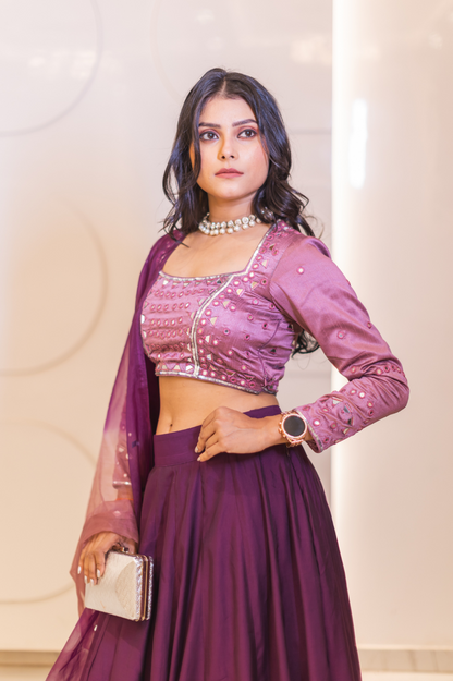Elegant Purple Embellished Satin Lehenga Set for Women