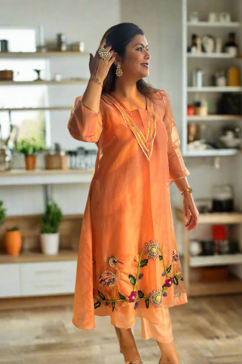 Peach Organza Embroidered Lehenga Set with Bird and Floral Motifs