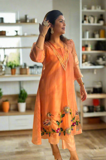 Peach Organza Embroidered Lehenga Set with Bird and Floral Motifs