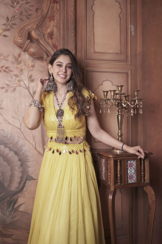 Yellow Mirror Work Lehenga Set – Festive Ethnic Wear