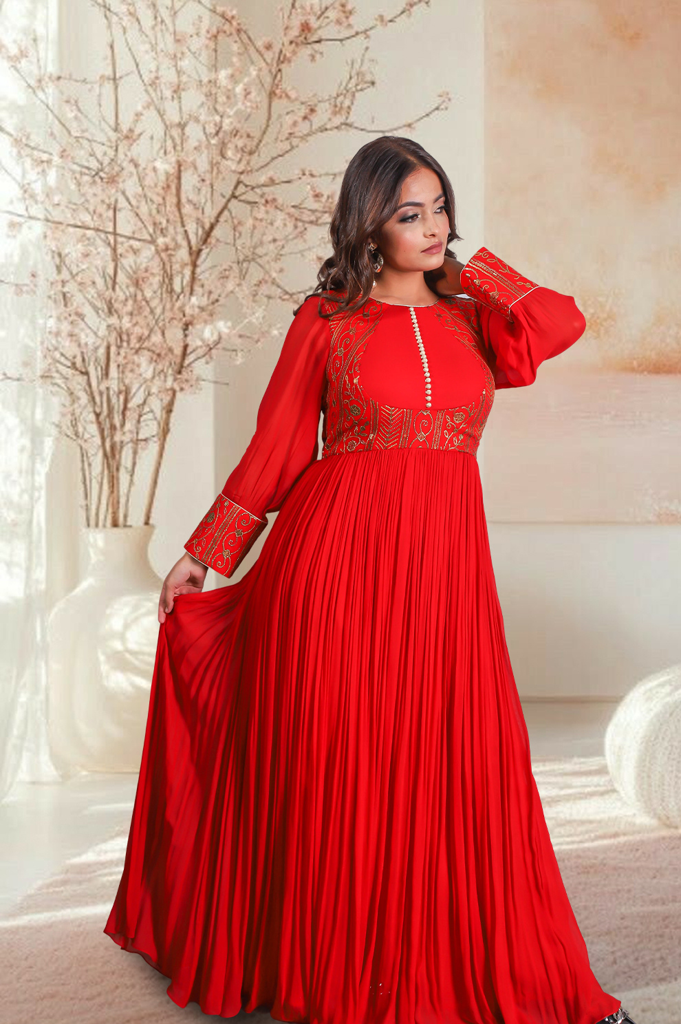 Vibrant Red-Orange Floor-Length Embroidered Anarkali Suit with Multi-Color Dupatta