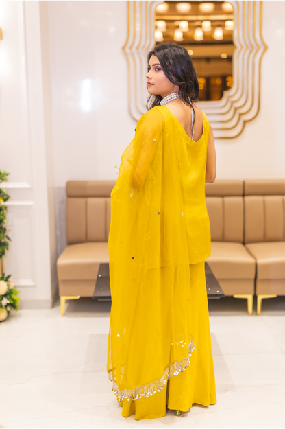 Vibrant Yellow Mirror Work Sharara Set – Festive Indo-Western Ensemble