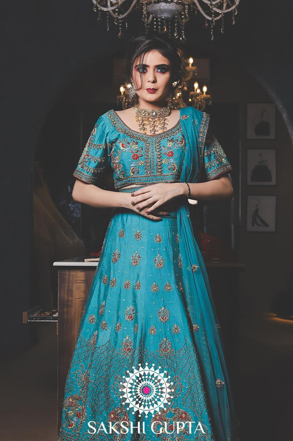 Teal Blue Embroidered Silk Lehenga Set – Sakshi Gupta