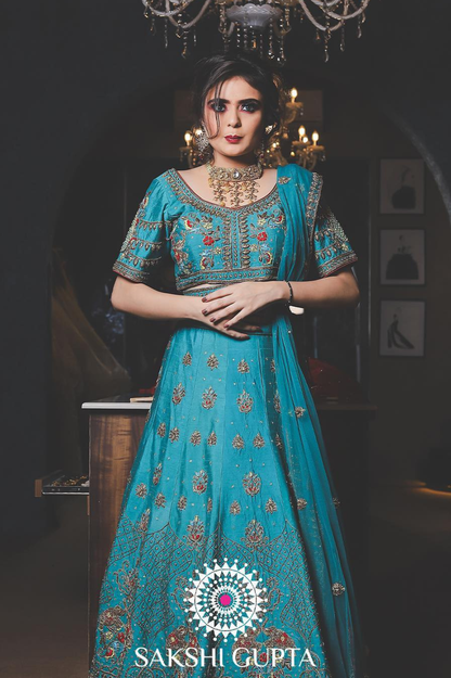 Teal Blue Embroidered Silk Lehenga Set – Sakshi Gupta