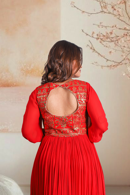 Vibrant Red-Orange Floor-Length Embroidered Anarkali Suit with Multi-Color Dupatta