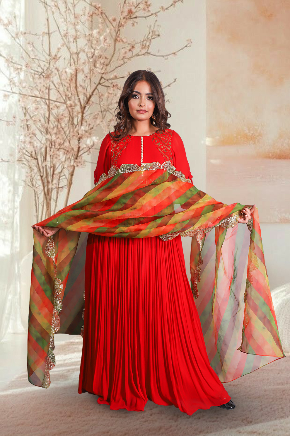 Vibrant Red-Orange Floor-Length Embroidered Anarkali Suit with Multi-Color Dupatta