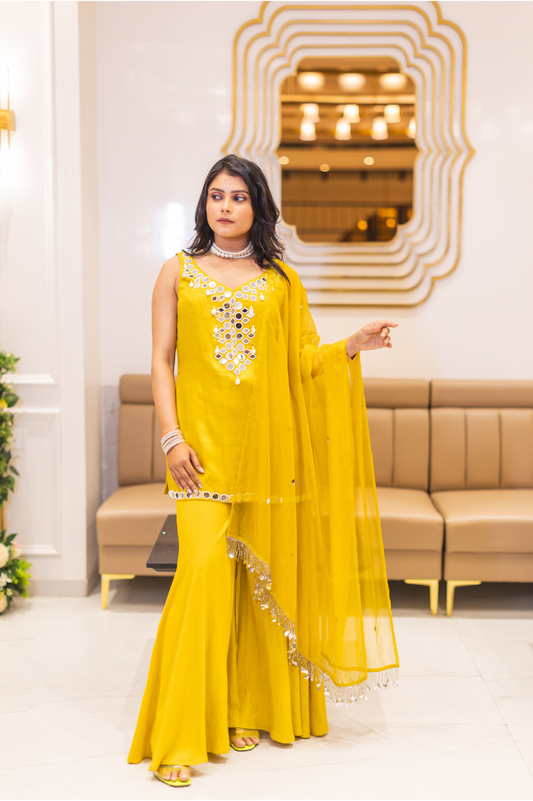 Vibrant Yellow Mirror Work Sharara Set – Festive Indo-Western Ensemble