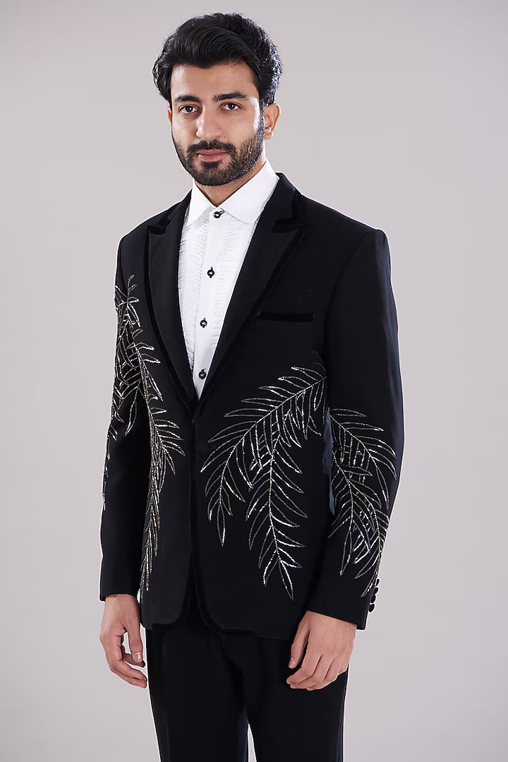 Black Embroidered Tuxedo Suit