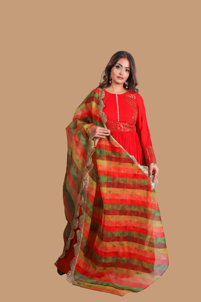 Vibrant Red-Orange Floor-Length Embroidered Anarkali Suit with Multi-Color Dupatta