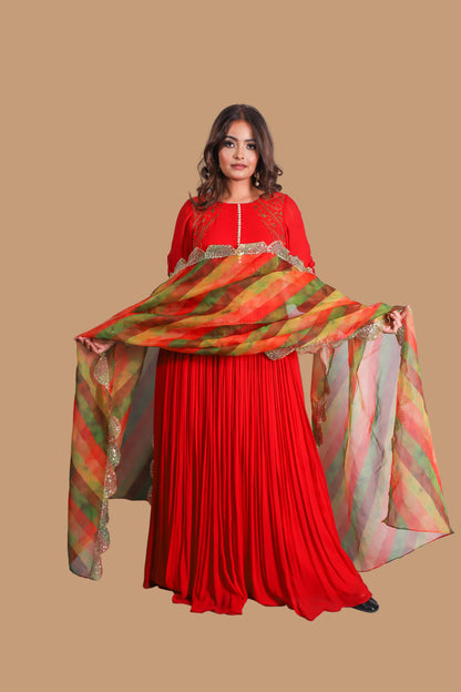 Vibrant Red-Orange Floor-Length Embroidered Anarkali Suit with Multi-Color Dupatta