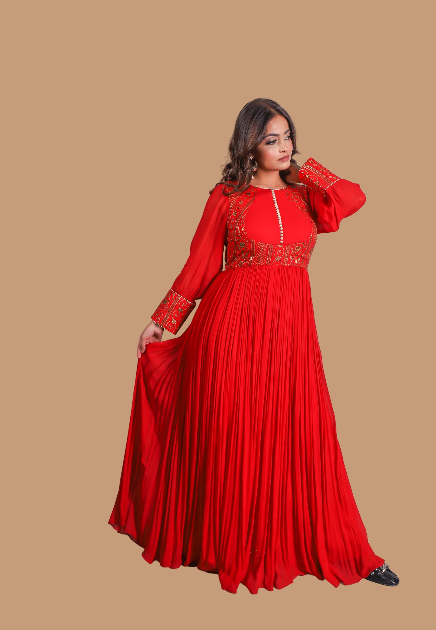 Vibrant Red-Orange Floor-Length Embroidered Anarkali Suit with Multi-Color Dupatta