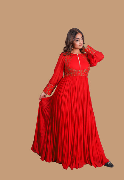 Vibrant Red-Orange Floor-Length Embroidered Anarkali Suit with Multi-Color Dupatta