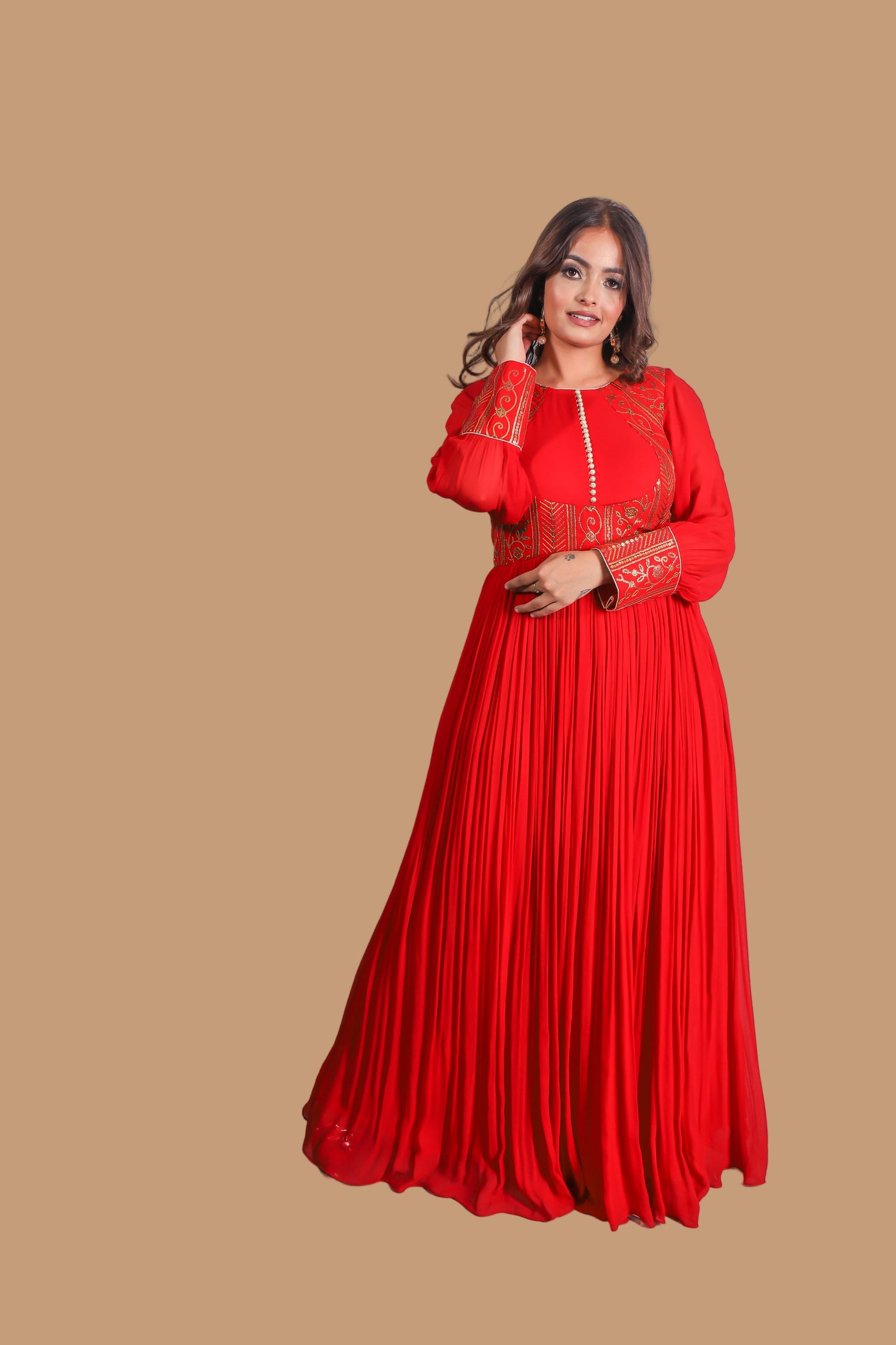Vibrant Red-Orange Floor-Length Embroidered Anarkali Suit with Multi-Color Dupatta