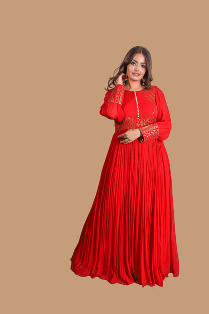 Vibrant Red-Orange Floor-Length Embroidered Anarkali Suit with Multi-Color Dupatta