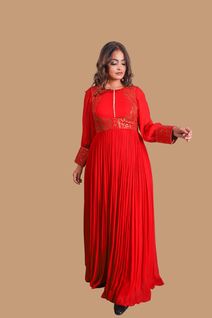 Vibrant Red-Orange Floor-Length Embroidered Anarkali Suit with Multi-Color Dupatta