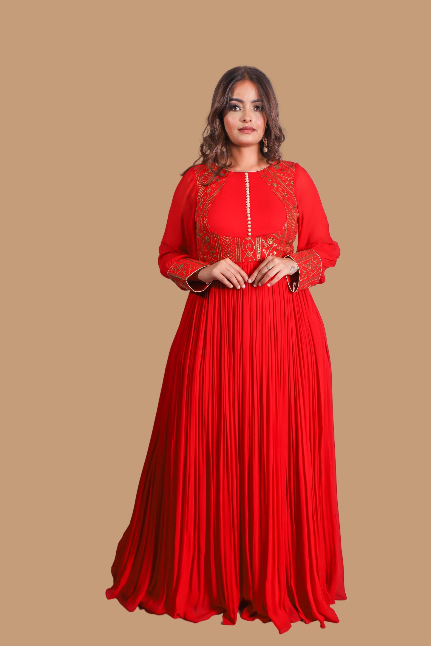 Vibrant Red-Orange Floor-Length Embroidered Anarkali Suit with Multi-Color Dupatta