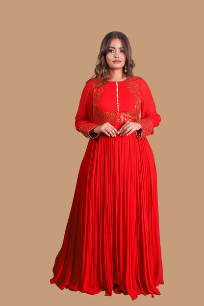 Vibrant Red-Orange Floor-Length Embroidered Anarkali Suit with Multi-Color Dupatta