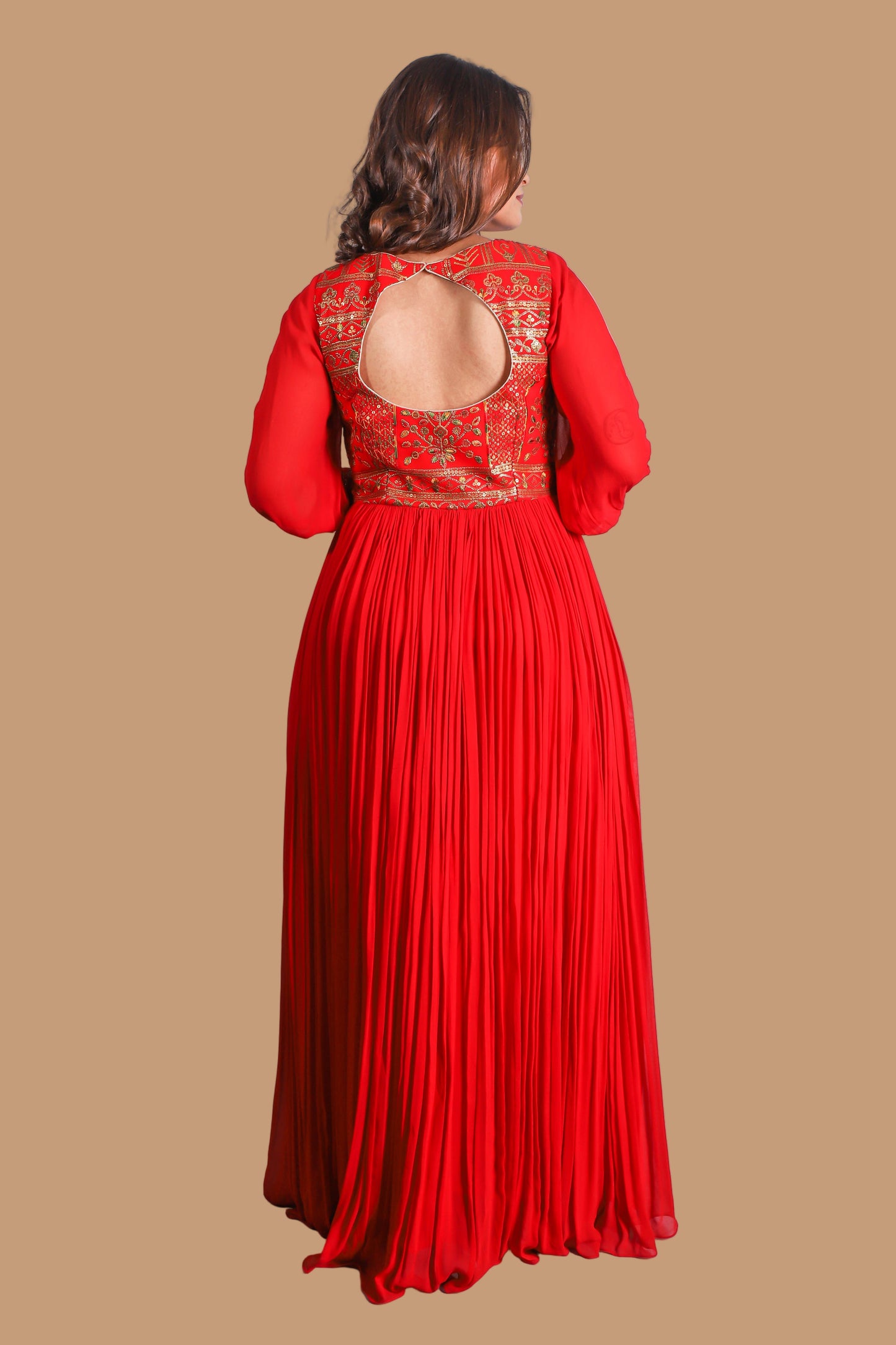 Vibrant Red-Orange Floor-Length Embroidered Anarkali Suit with Multi-Color Dupatta