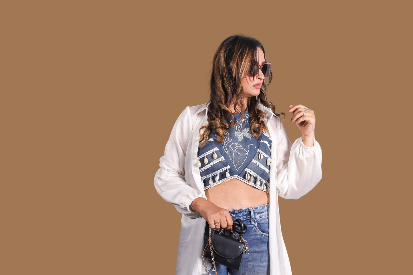 Denim Tassel Co-ord Set with Sheer White Shrug