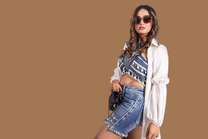 Denim Tassel Co-ord Set with Sheer White Shrug