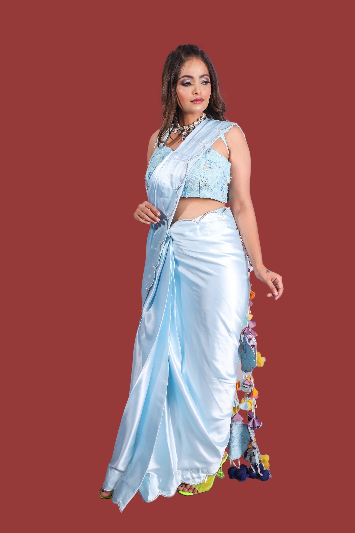 Elegant Pastel Blue Saree Set with Embellished Pallu