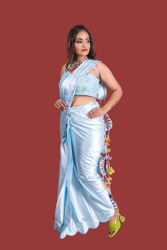 Elegant Pastel Blue Saree Set with Embellished Pallu