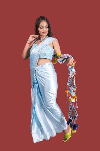 Elegant Pastel Blue Saree Set with Embellished Pallu