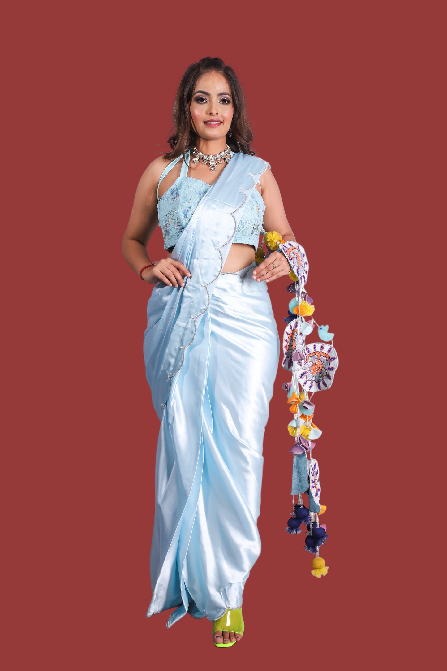 Elegant Pastel Blue Saree Set with Embellished Pallu