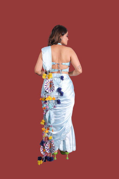 Elegant Pastel Blue Saree Set with Embellished Pallu