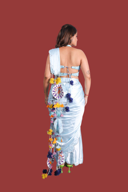 Elegant Pastel Blue Saree Set with Embellished Pallu