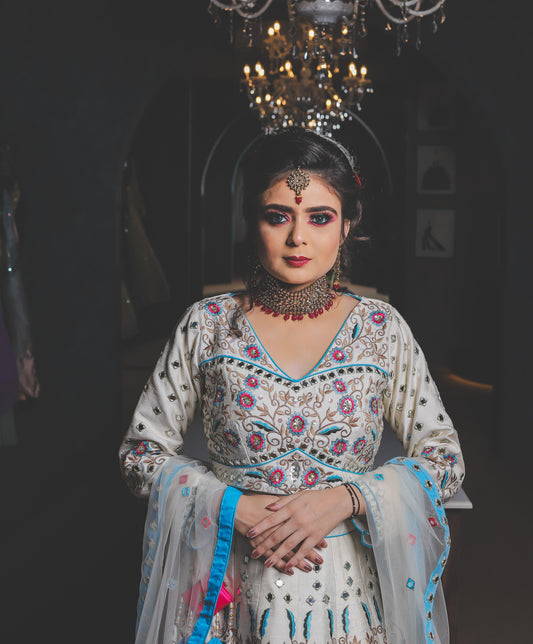 Ivory & Blue Hand-Embroidered Lehenga Set