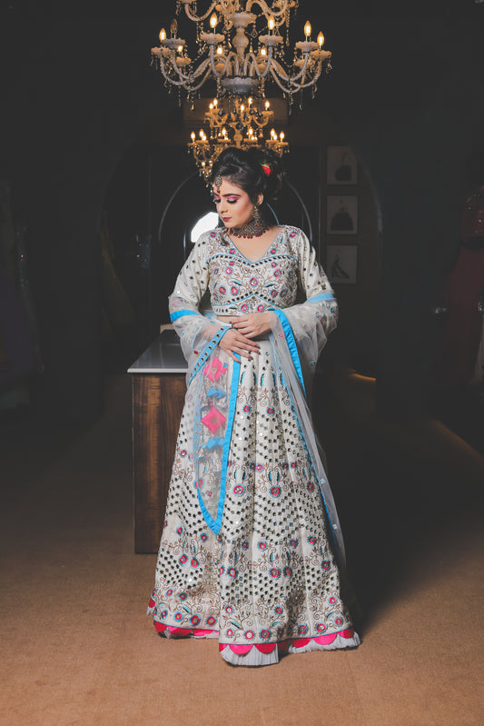 Ivory & Blue Hand-Embroidered Lehenga Set