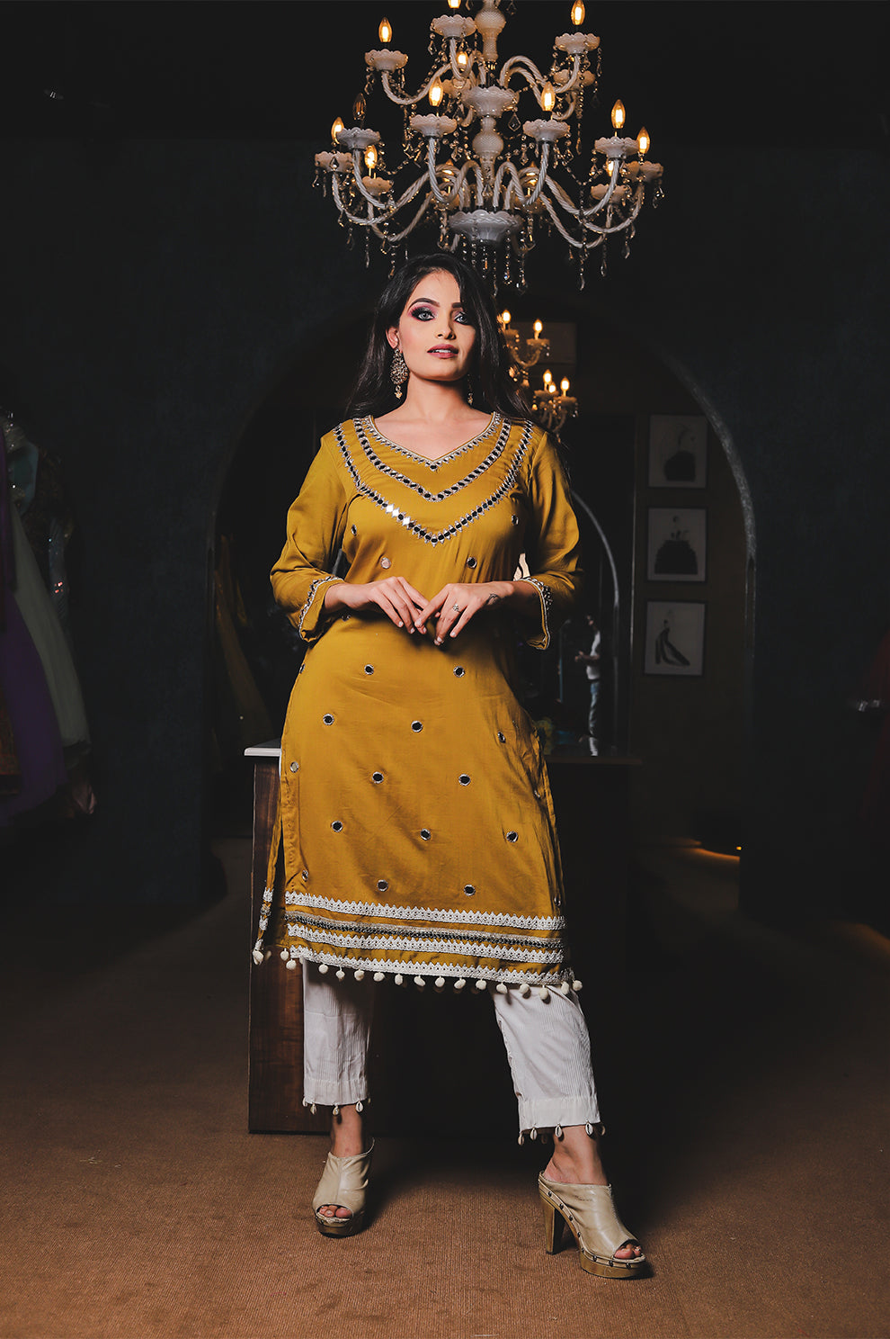 Mustard Yellow Mirror Work Kurti Set