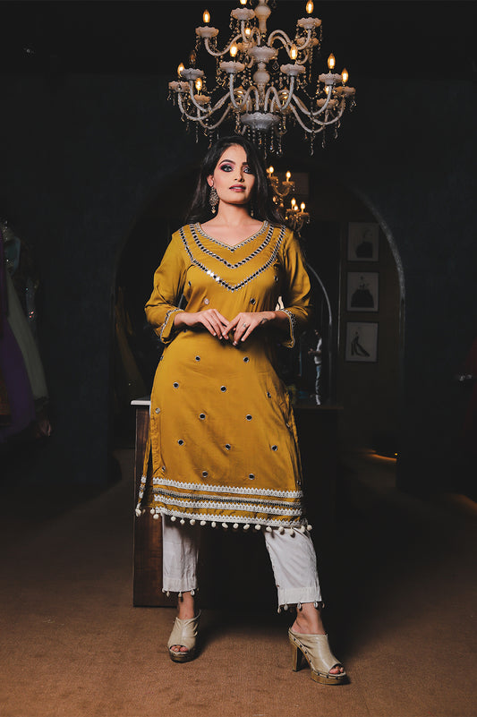 Mustard Yellow Mirror Work Kurti Set
