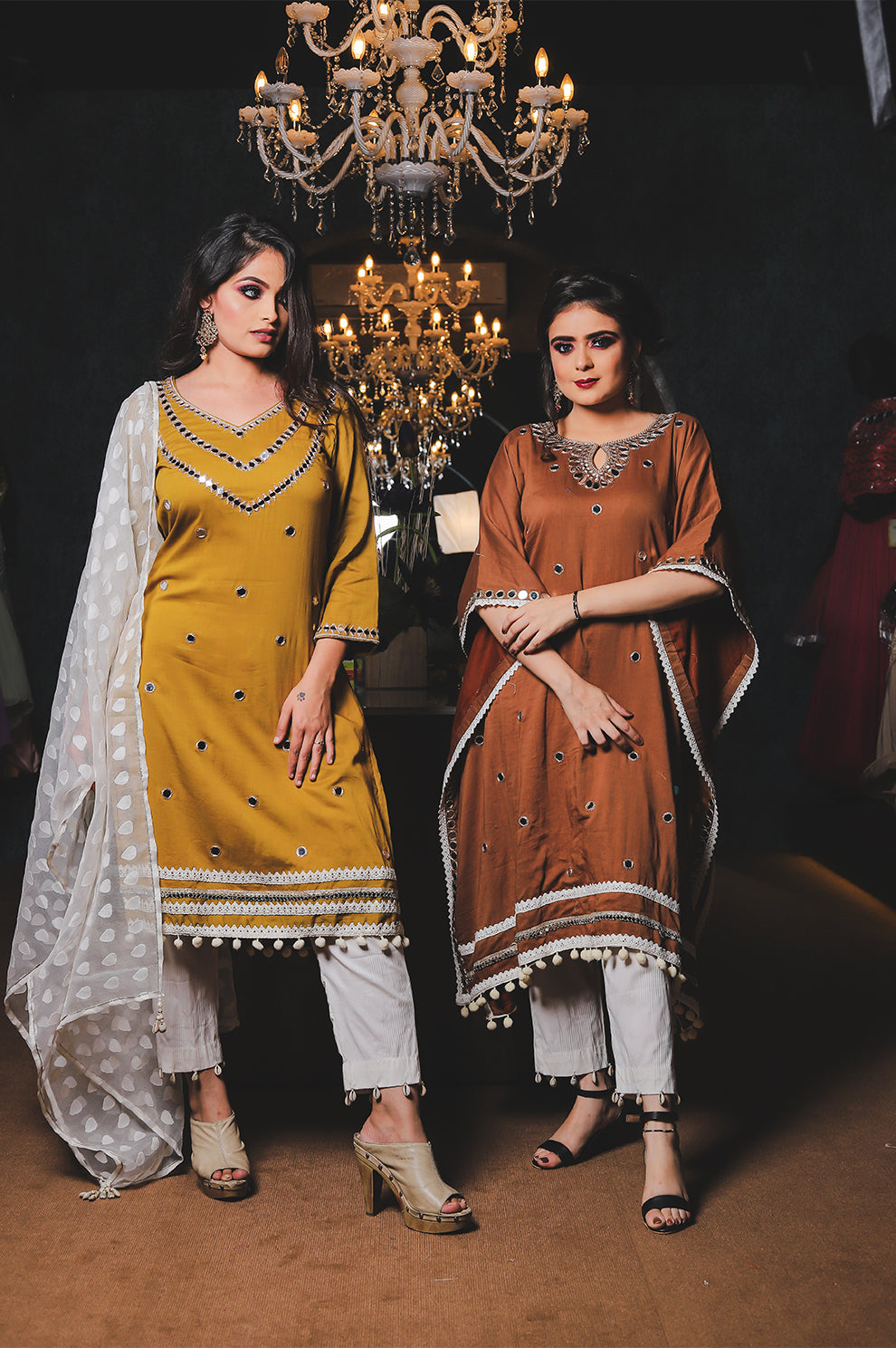 Elegant Brown Mirror Work Kaftan Kurta Set