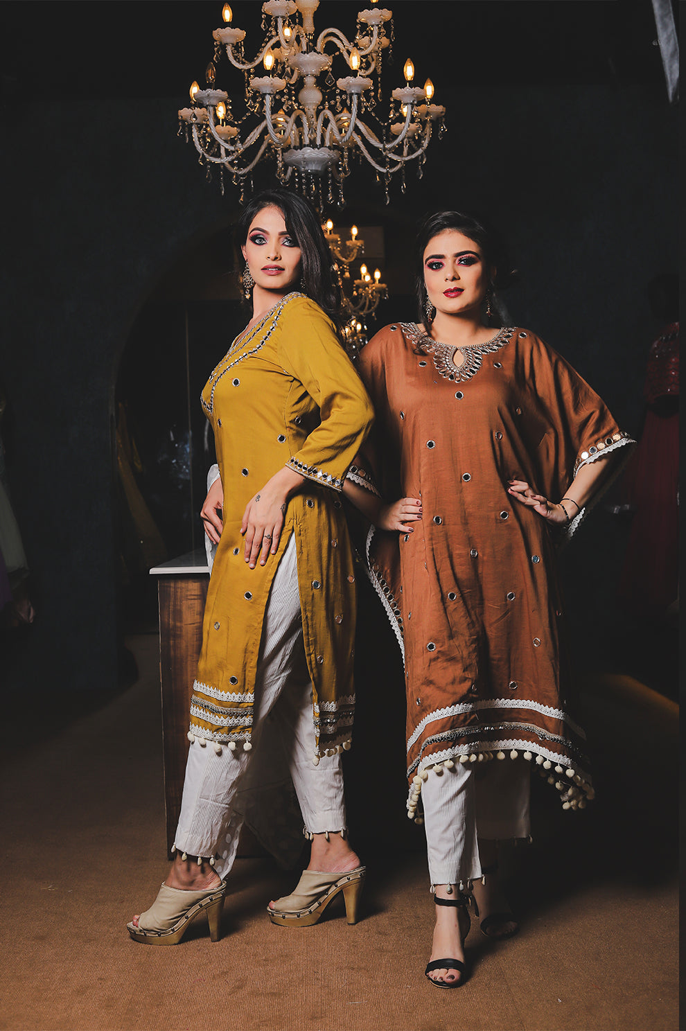 Mustard Yellow Mirror Work Kurti Set