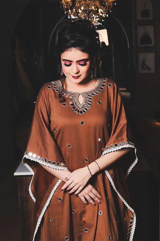 Elegant Brown Mirror Work Kaftan Kurta Set