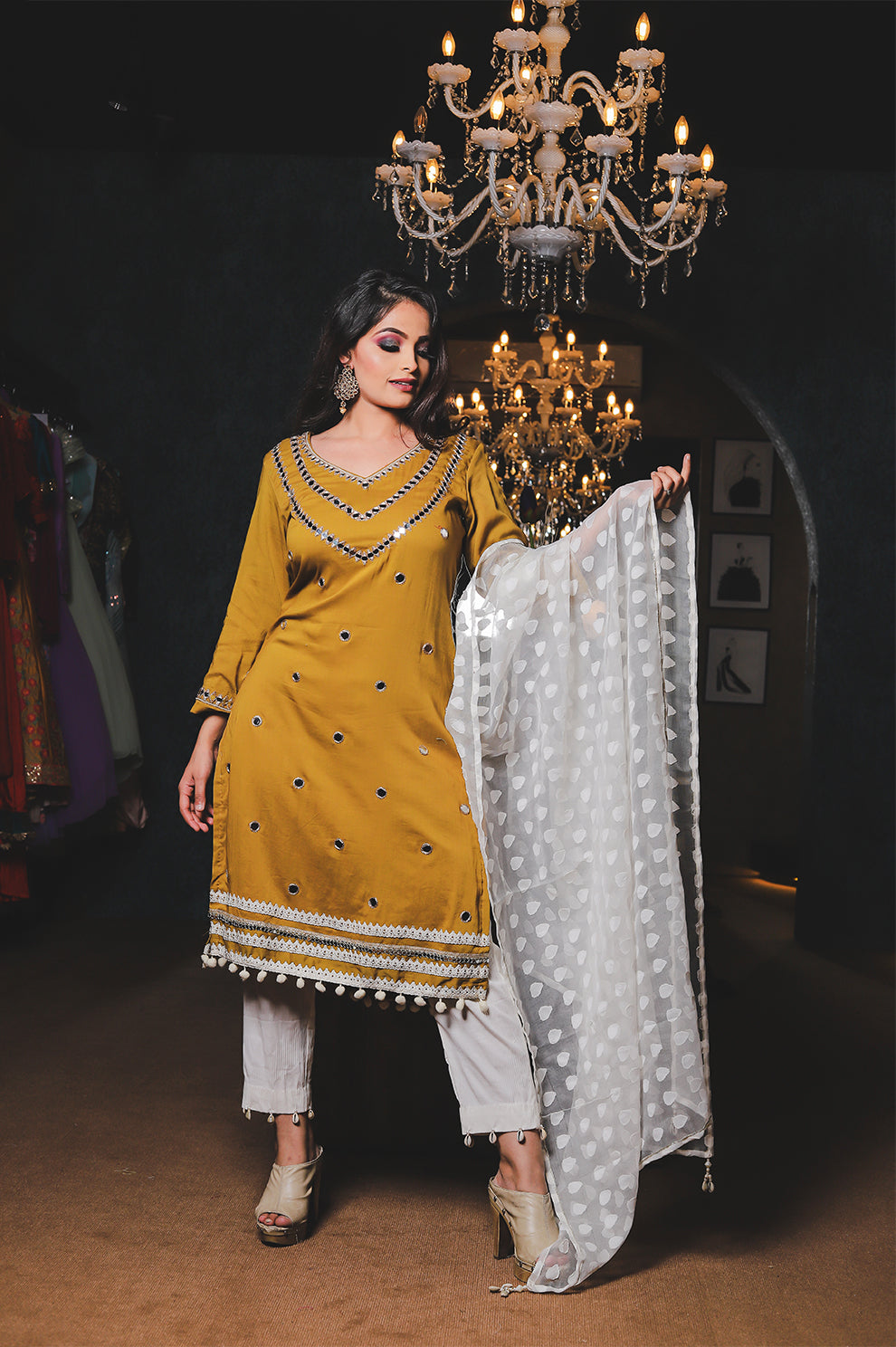 Mustard Yellow Mirror Work Kurti Set