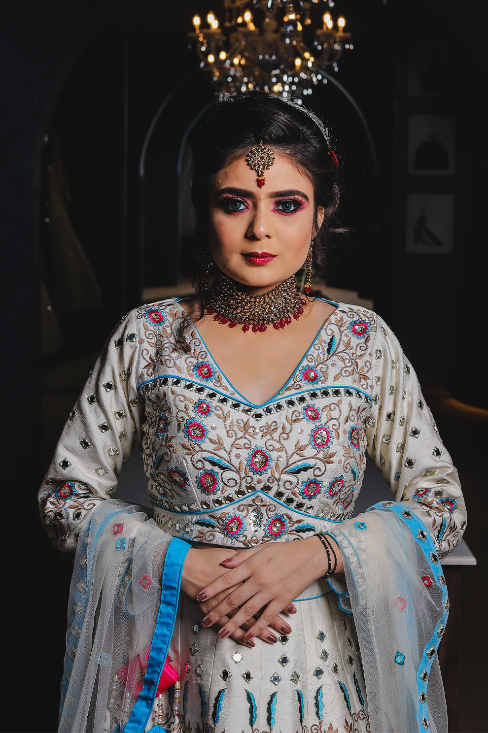 Ivory & Blue Hand-Embroidered Lehenga Set