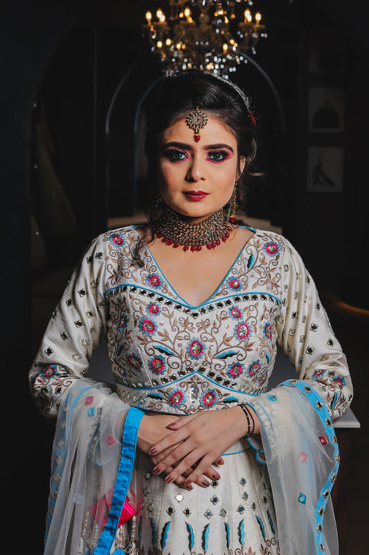 Ivory & Blue Hand-Embroidered Lehenga Set