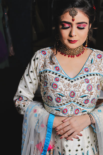 Ivory & Blue Hand-Embroidered Lehenga Set