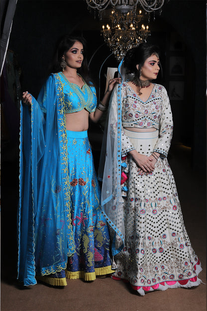 Ivory & Blue Hand-Embroidered Lehenga Set