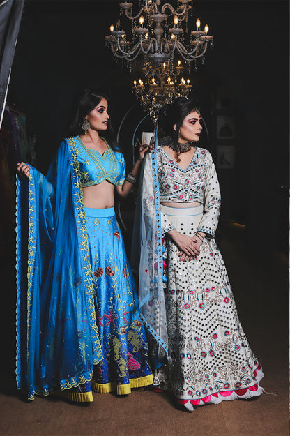 Ivory & Blue Hand-Embroidered Lehenga Set