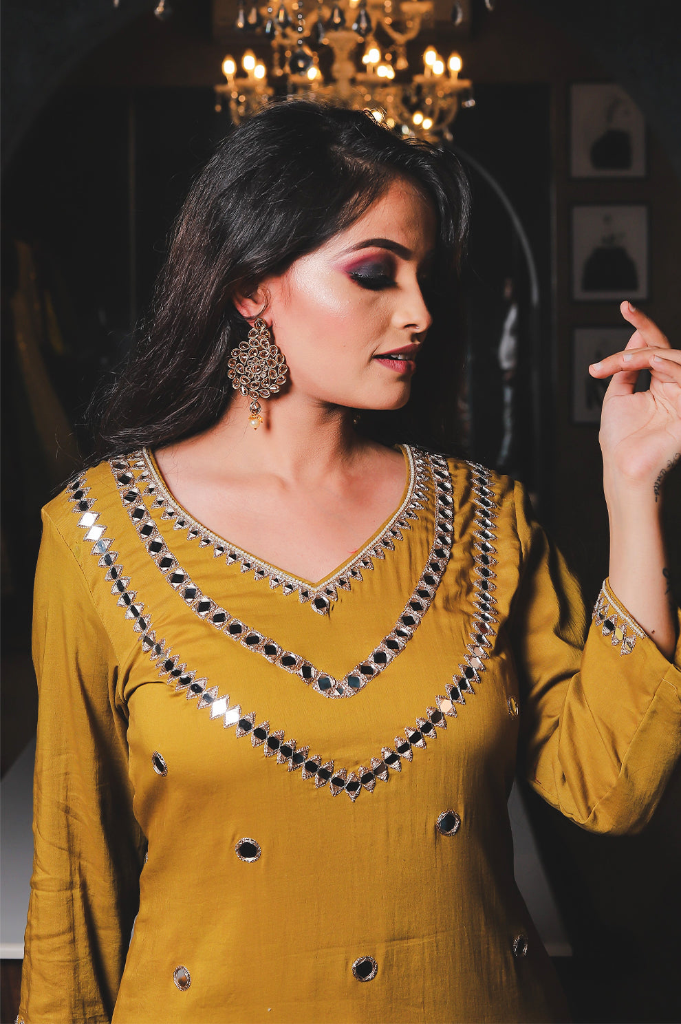 Mustard Yellow Mirror Work Kurti Set
