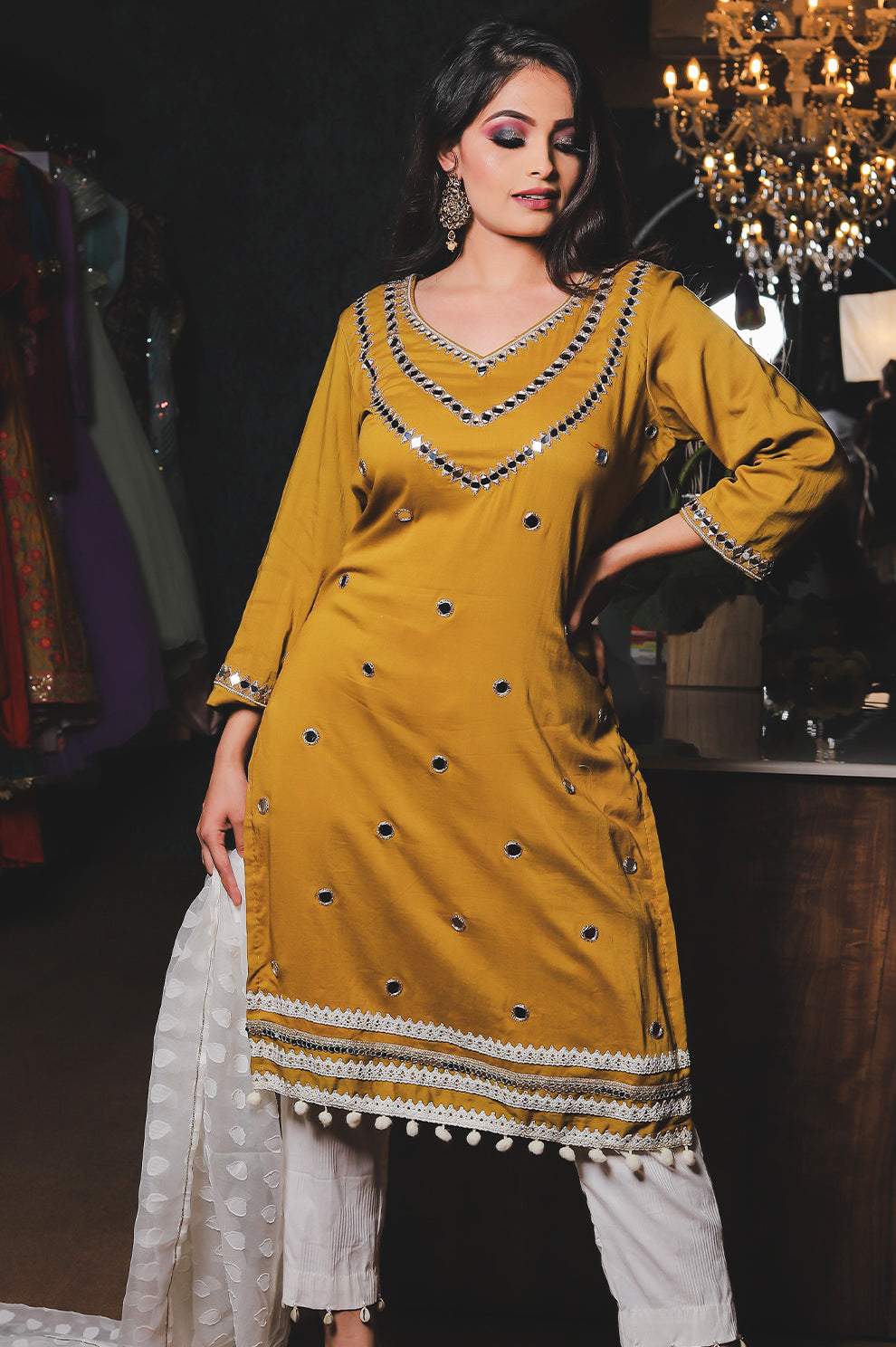 Mustard Yellow Mirror Work Kurti Set